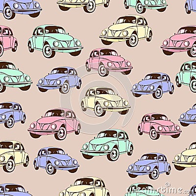 Vintage car seamless pattern, retro cartoon background. Multicolored cars on the beige . For the design of wallpaper, wrapper, fab Vector Illustration