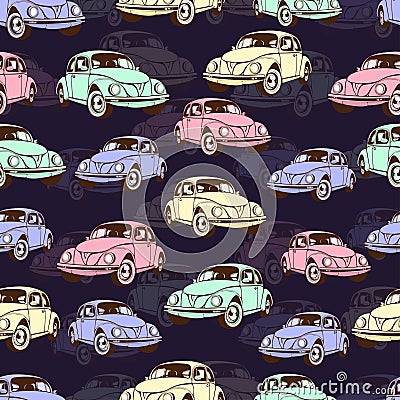 Vintage car seamless pattern, retro cartoon background. Multicolored cars on the beige . For the design of wallpaper, wrapper, fab Vector Illustration