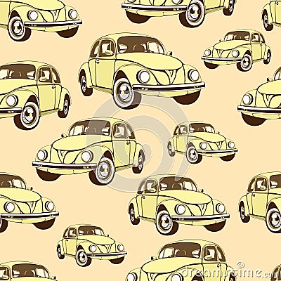 Vintage car seamless pattern, retro cartoon background. Yellow cars on the beige . For the design of wallpaper, wrapper, fabric. Vector Illustration