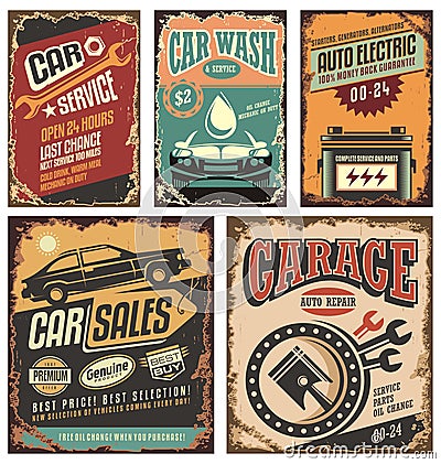 Vintage car service metal signs and posters Vector Illustration