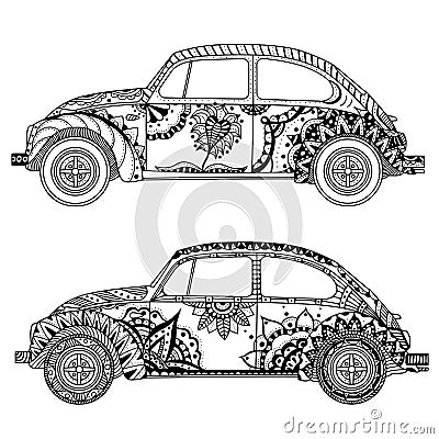 Vintage car in Tangle Patterns style Vector Illustration