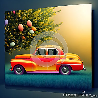 A Vintage Car Truck with Festive Easter Flowers. Generative AI Stock Photo