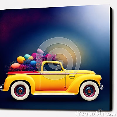 A Vintage Car Truck with Festive Easter Flowers. Generative AI Stock Photo