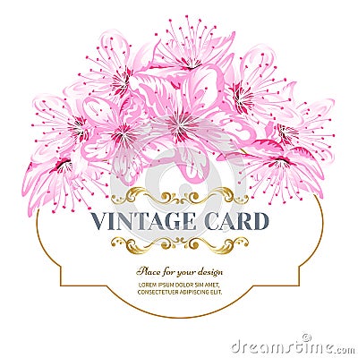 Vintage card Cherry blossom Cartoon Illustration