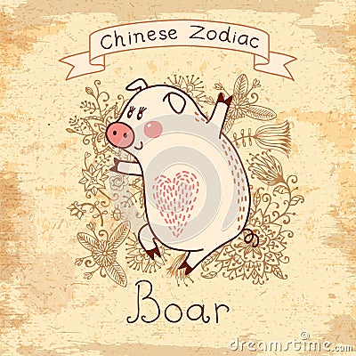 Vintage card with Chinese zodiac - Boar Vector Illustration