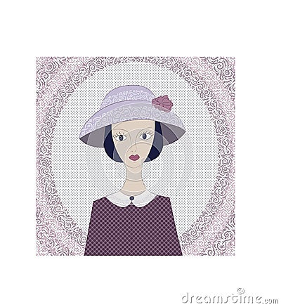 Vintage card with elegantly dressed woman. Young lady in hat. Vector Illustration