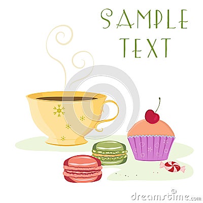 Vintage card featuring cup of tea, cherry cupcake Vector Illustration