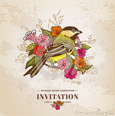 Vintage Card - Flowers and Bird Vector Illustration