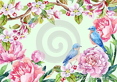 Vintage card with flowers and birds. Spring background Cartoon Illustration