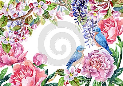 Vintage card with flowers and birds. Spring background Cartoon Illustration