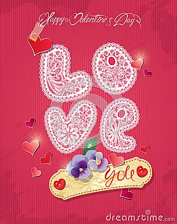 Vintage card, lace letters LOVE, flowers, hearts and old paper p Vector Illustration