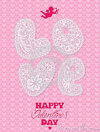 Vintage card, lace letters LOVE on pink background with hearts. Vector Illustration