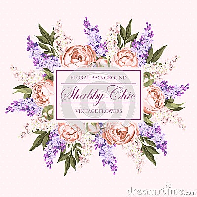 Vintage card with lilac and peony Vector Illustration