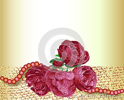 Vintage card with red roses and pink pearls Vector Illustration