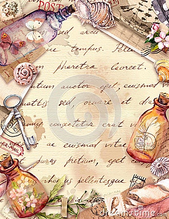 Vintage card, retro design. Old paper, feathers, sea shells, glass bottles, flowers, letters, watercolor feathers, keys Stock Photo