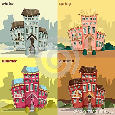 Vintage card with sweet cartoon houses and plants in seasons. City house facades. Vector Illustration