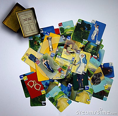 Vintage cards from a 1935 Crime club game. Editorial Stock Photo