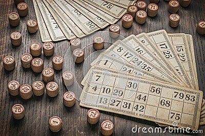 Vintage cards and kegs for the game of lotto Stock Photo