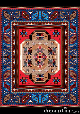 Vintage carpet with ethnic ornament in red and blue colors Vector Illustration