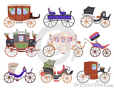 Vintage carriages flat icons set. Retro transport. Horse-drawn carriages for wedding, quinceaneras and special events Vector Illustration