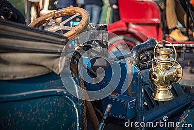 Vintage Cars interior from the 1900's parked up on a historic show of classic cars London to Brighton, East Sussex, UK Editorial Stock Photo