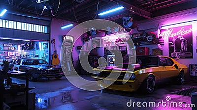 Vintage cars in a neon-lit garage with memorabilia. Digital illustration. Stock Photo