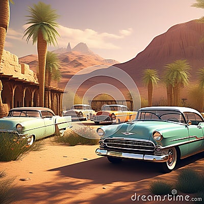 vintage cars parked in a row creating a nostalgic scene against the backdrop of a desert oasis Stock Photo