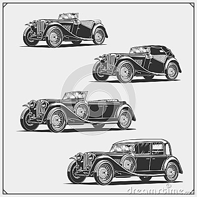 Vintage cars set. Retro cars garage. Classic muscle cars labels, emblems and design elements. Vector Illustration