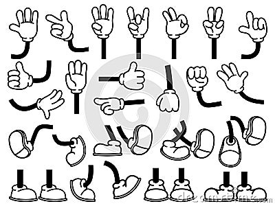 Vintage cartoon hands in gloves and feet in shoes. Cute animation character body parts. Comics arm gestures and walking Vector Illustration