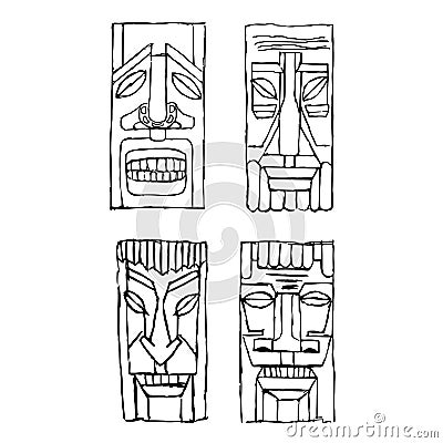 Vintage Carved Polynesian Tiki Totem Vector Idol Masks Vector Illustration