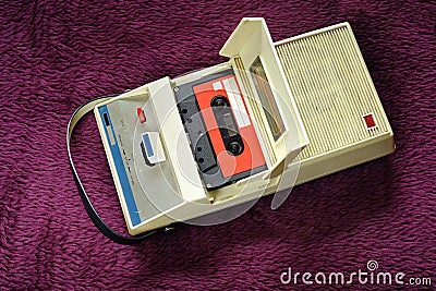 Vintage cassette tape recorder and cassette tape from the seventies, vintage audio gear Stock Photo