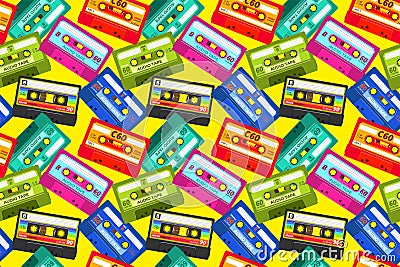 Vintage cassettes pattern. Pop music retro 1980s sound tape, old school stereo technology, dj mix tape. Vector cassette Vector Illustration