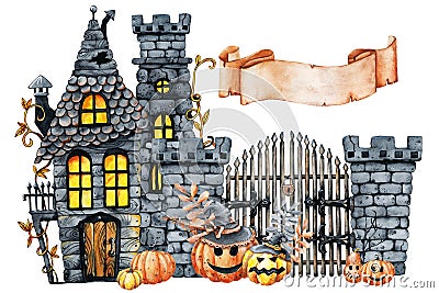 Vintage castle and horrible smiling pumpkins for Halloween. Hand drawn watercolor illustration isolated on white white Cartoon Illustration