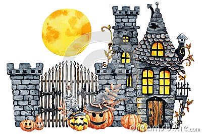 Vintage castle and horrible smiling pumpkins for Halloween. Hand drawn watercolor illustration isolated on white white Cartoon Illustration