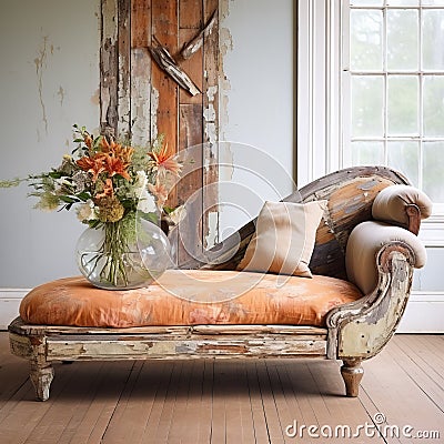 Vintage Chaise Lounge With Flowers And Old Wood In Front Of Dingy Door Stock Photo