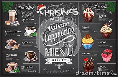 Vintage chalk drawing christmas coffe menu design. Restaurant me Vector Illustration