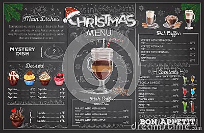 Vintage chalk drawing christmas menu design. Restaurant menu Vector Illustration