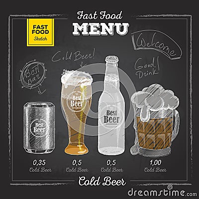 Vintage chalk drawing fast food menu. Cold beer Vector Illustration