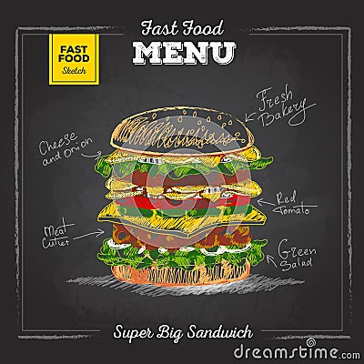 Vintage chalk drawing fast food menu. Sandwich Vector Illustration