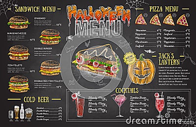 Vintage chalk drawing halloween menu design. Restaurant menu Vector Illustration