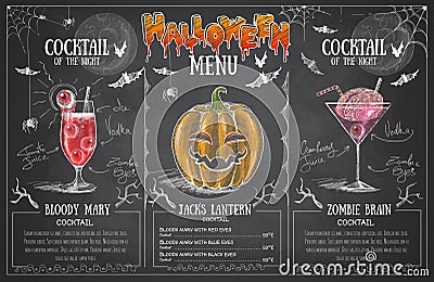 Vintage chalk drawing halloween menu design. Restaurant menu Vector Illustration