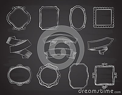 Vintage chalkboard hand drawn ribbon banners, picture frames and labels on black chalkboard vector set Vector Illustration