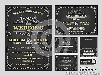 Vintage Chalkboard Wedding Invitations design set Vector Illustration