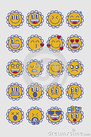 Vintage chamomile flower face emoji set. Retro 90s 80s 70s emoticon. Vector Illustration