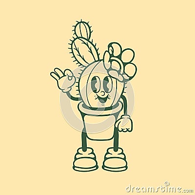Vintage character design of a mini cactus Vector Illustration
