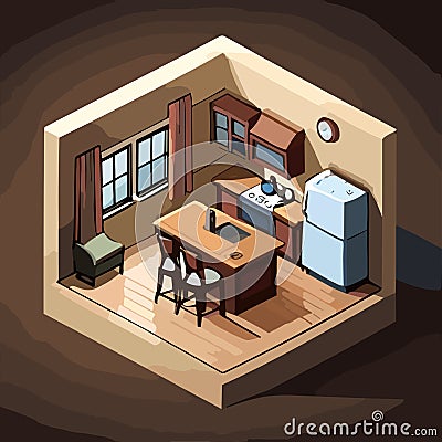 Vintage Charm: Isometric Render of a Cozy Kitchen in a Village House Vector Illustration