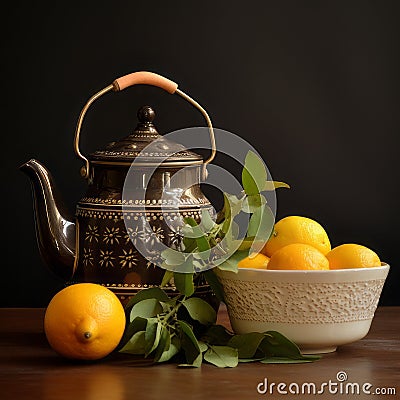 Vintage Charm: Old Tea Kettle with Bergamots on Wooden Tabl Stock Photo