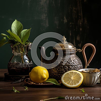 Vintage Charm: Old Tea Kettle and Bergamots on Wooden Table Stock Photo