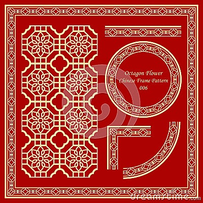 Vintage Chinese Frame Pattern Set 006 Octagon Curve Cross Flower Vector Illustration