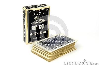 Vintage Chinese Lion 3005 playing cards with the box. Isolated on white Editorial Stock Photo